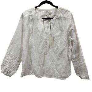 Rachel Zoe White Linen Blend Embroidered Sleeve V Neck Tunic Top L